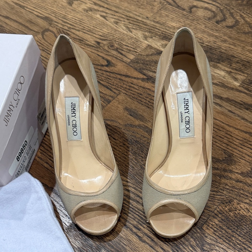 Jimmy Choo Tan Peep Toe Heels